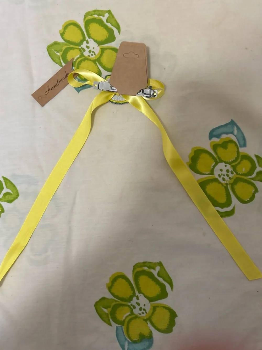 Handmade Yellow Ribbon Hair Bow with Green Patch - Kids Accessories
